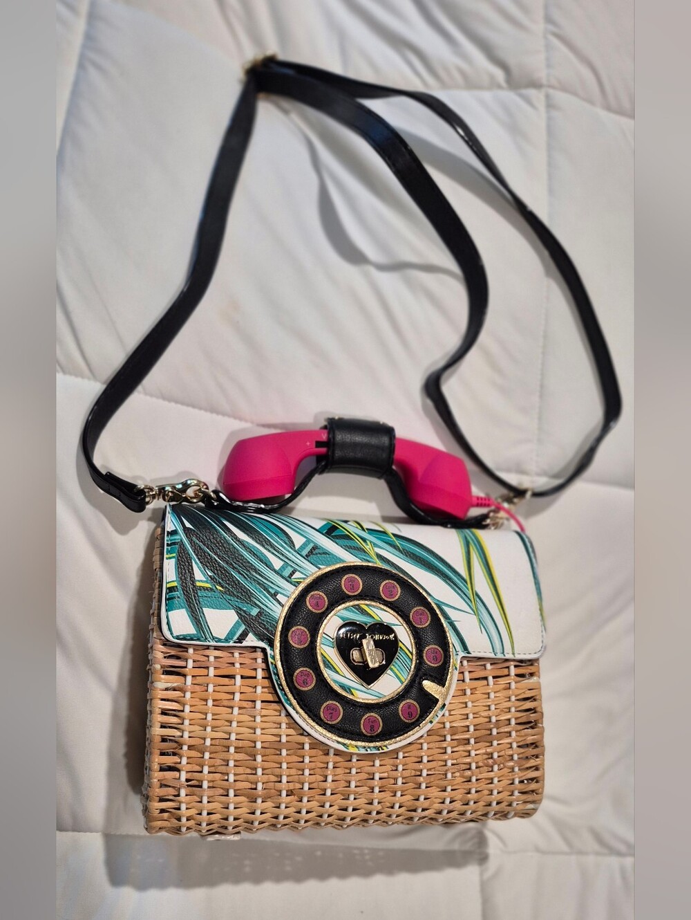 Betsey Johnson Heart Dial Wicker Crossbody Bag in Natural & Multi